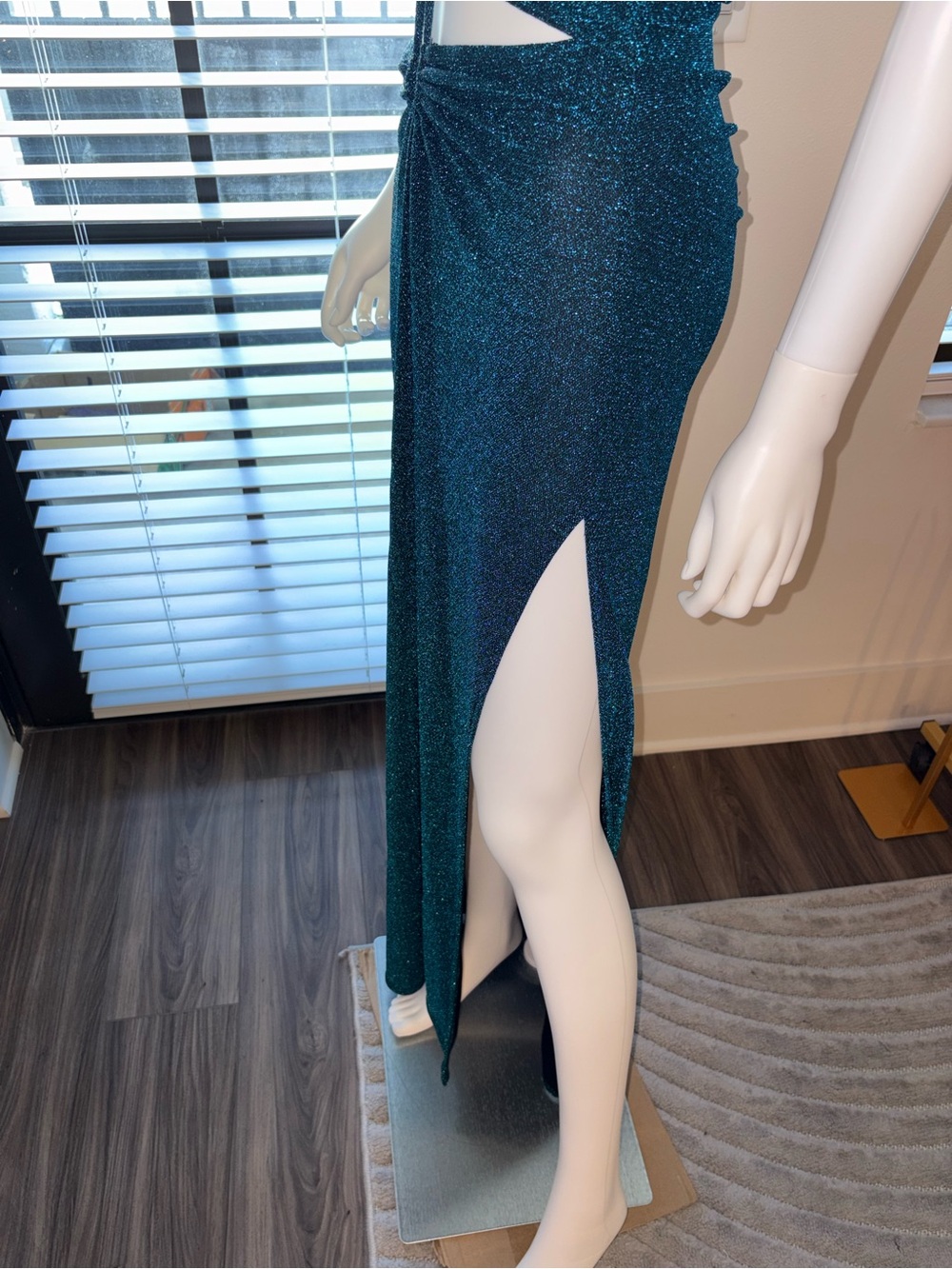 Emerald Green Shimmer Cut Out Maxi Dress Open Back Slit Sexy L - Picture 12 of 13